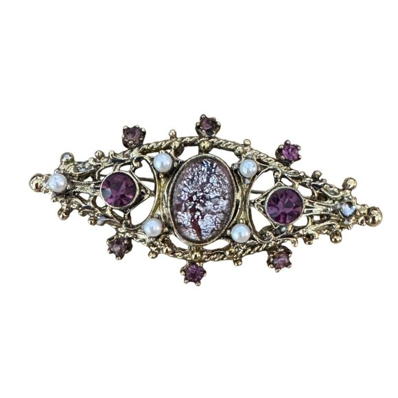 Vintage Edwardian Brooch Amethyst Rhinestones Foil Center Tube Closure Gold Tone - Picture 2 of 9
